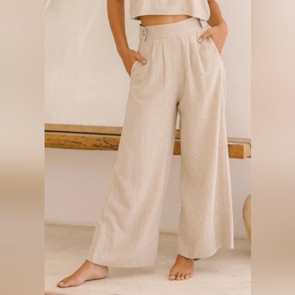 Free Label Pants - Free The Label Monaco Wide Leg High Rise Ankle Length Linen Trouser Medium